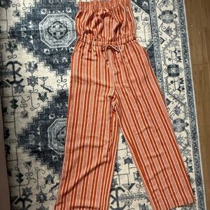 No Boundaries Orange Striped Wide Leg Jumpsuit